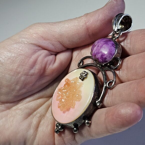 **Sale** Sterling Silver Mother Of Pearl And Purple Semiprecious Gemstone - Picture 2 of 10